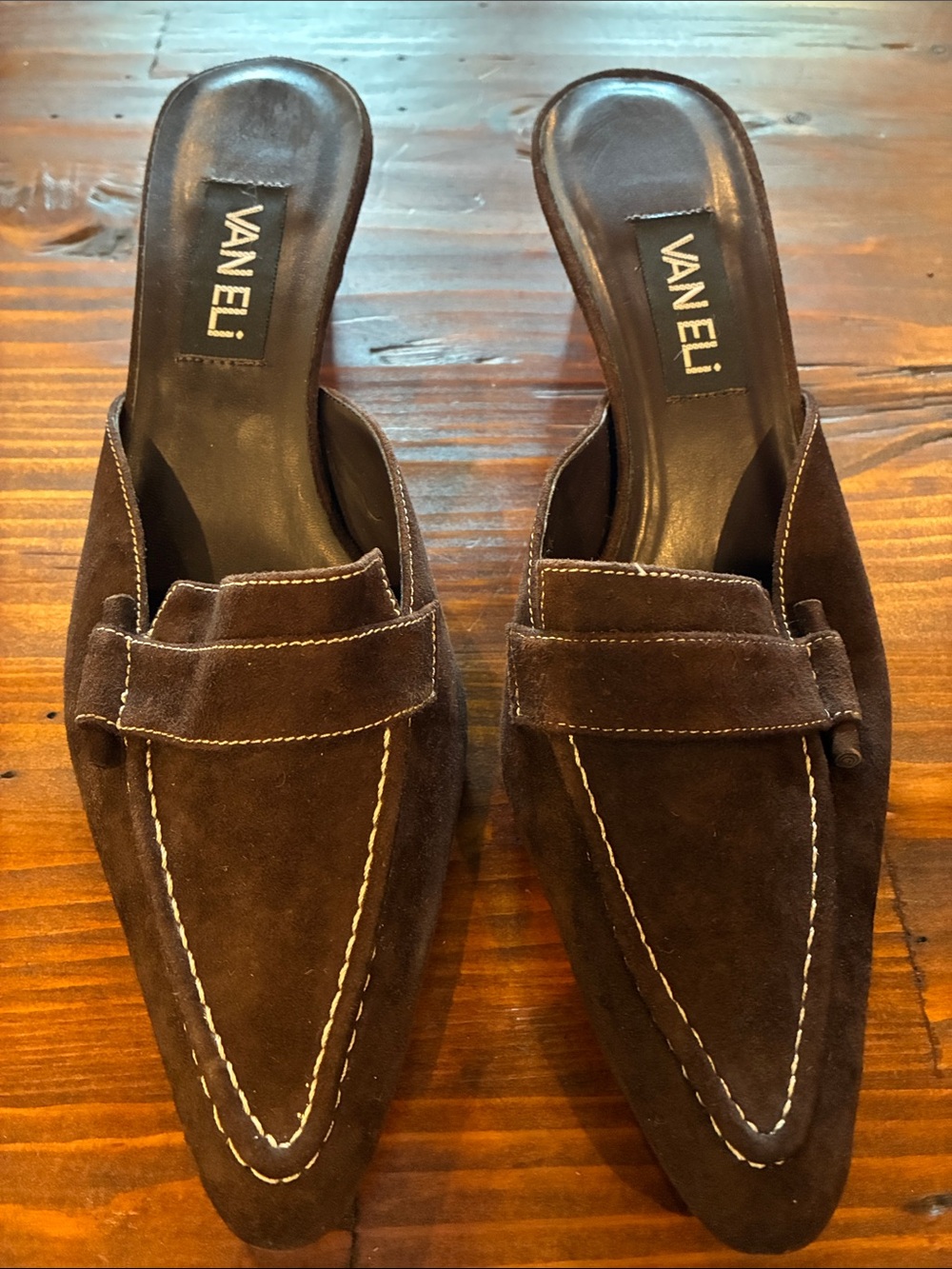 Vaneli Brown Suede Pointed Slip-On Mule Heels